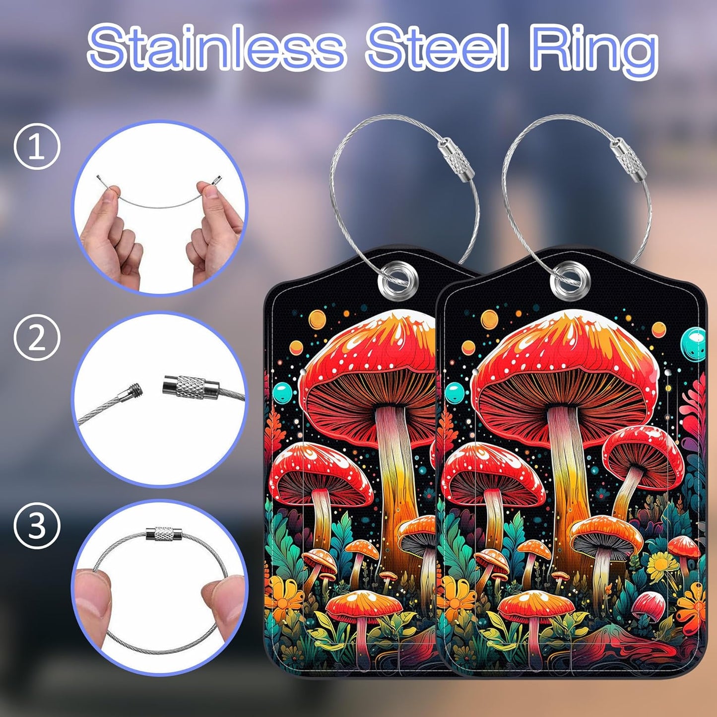 2 Pack PU Leather Luggage Tag for Suitcase Red Mushroom Suitcase Tags with Privacy Name ID Label and Stainless Steel Loop for Travel Bag