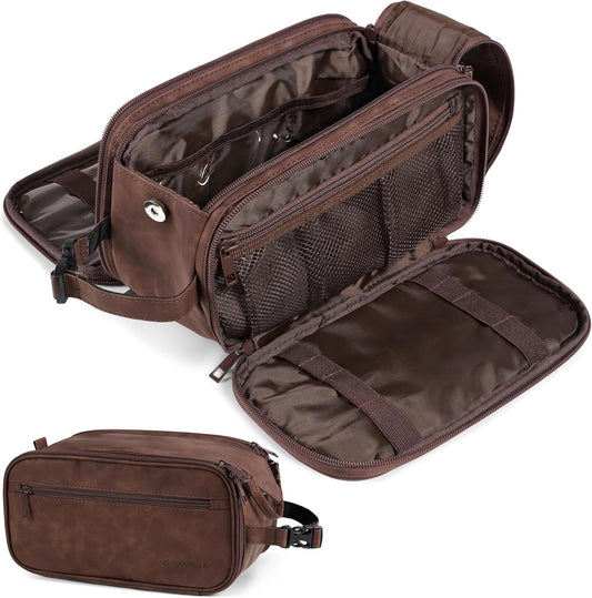 PAVILIA Large Toiletry Bag for Men Women, Mens Travel Bag Toiletries Organizer Case for Grooming, Travel Essentials Shaving Dopp Kit, PU Leather Water Resistant Cosmetic Pouch, Dark Brown