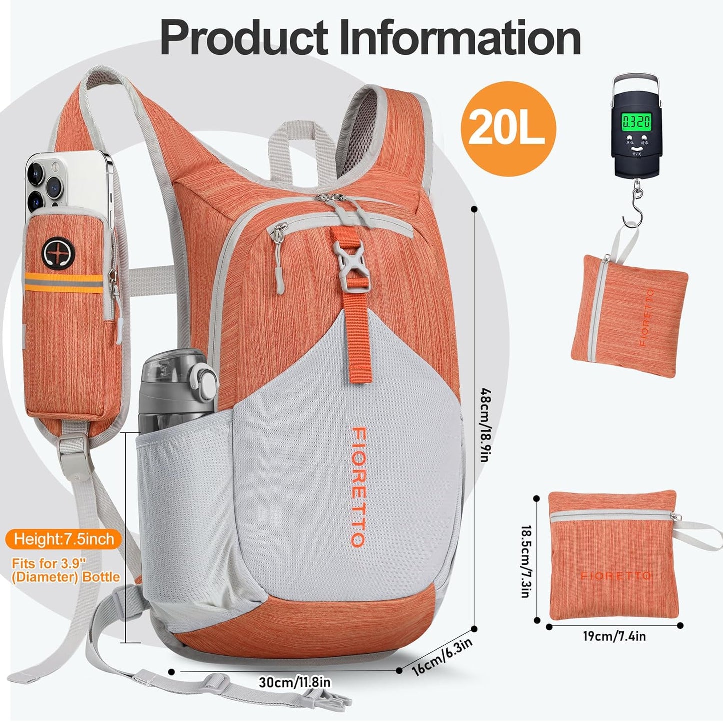 FIORETTO 20L Hiking Backpack for Women Men Mini Packable Backpack Lightweight Small Daypack for Camping Travel Outdoor, Orange