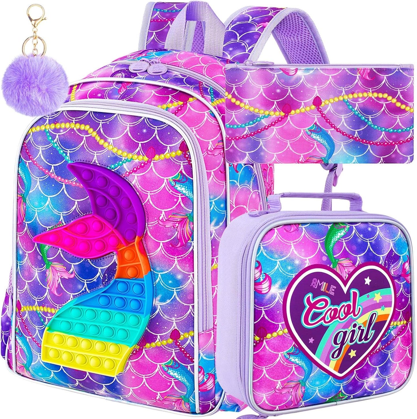 AGSDON 3PCS Mermaid Backpack for Girls, 16" Kids Backpacks with Lunch Box, Water Resistant Girl Bookbag for School Elementary