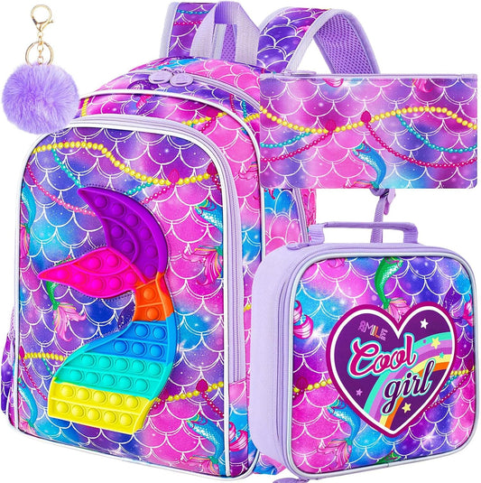 AGSDON 3PCS Mermaid Backpack for Girls, 16" Kids Backpacks with Lunch Box, Water Resistant Girl Bookbag for School Elementary