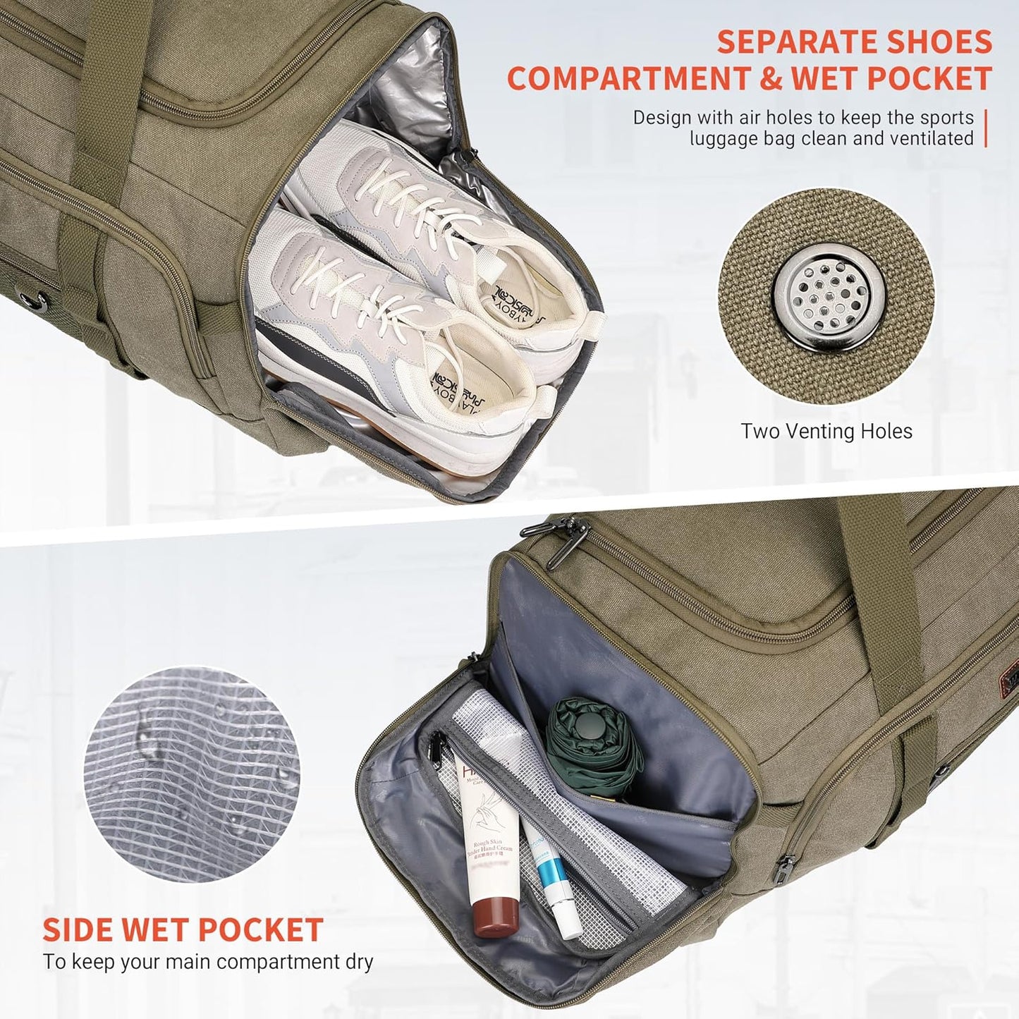 WITZMAN Canvas Duffel Bags for Men Traveling 3 in 1 Backpack Carry-on 40L Weekender Overnight Bag with Shoe Compartment(A8006/2 Army Green)