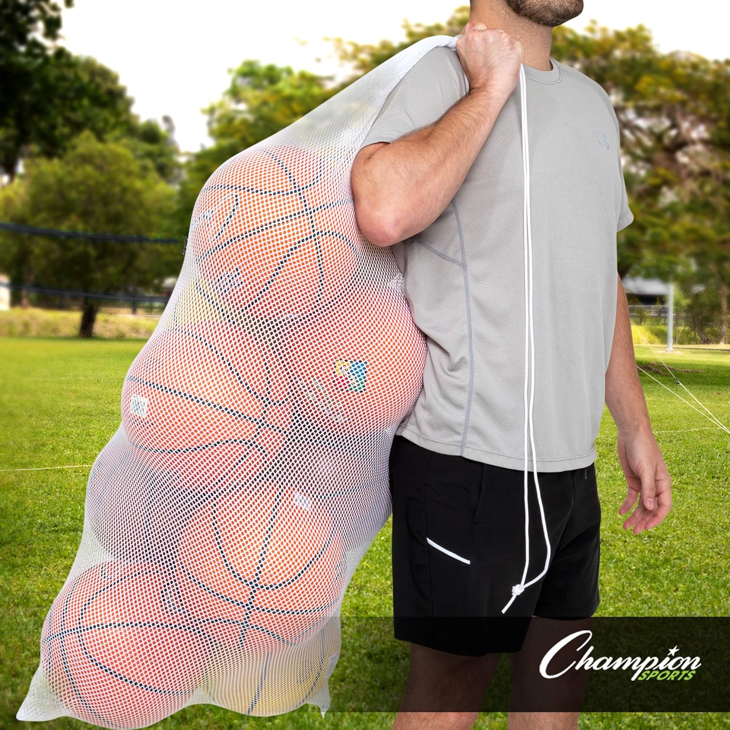 Champion Sports Mesh Equipment Bag – Heavy-Duty Nylon Drawstring Bag with Lock & ID Tag, Breathable