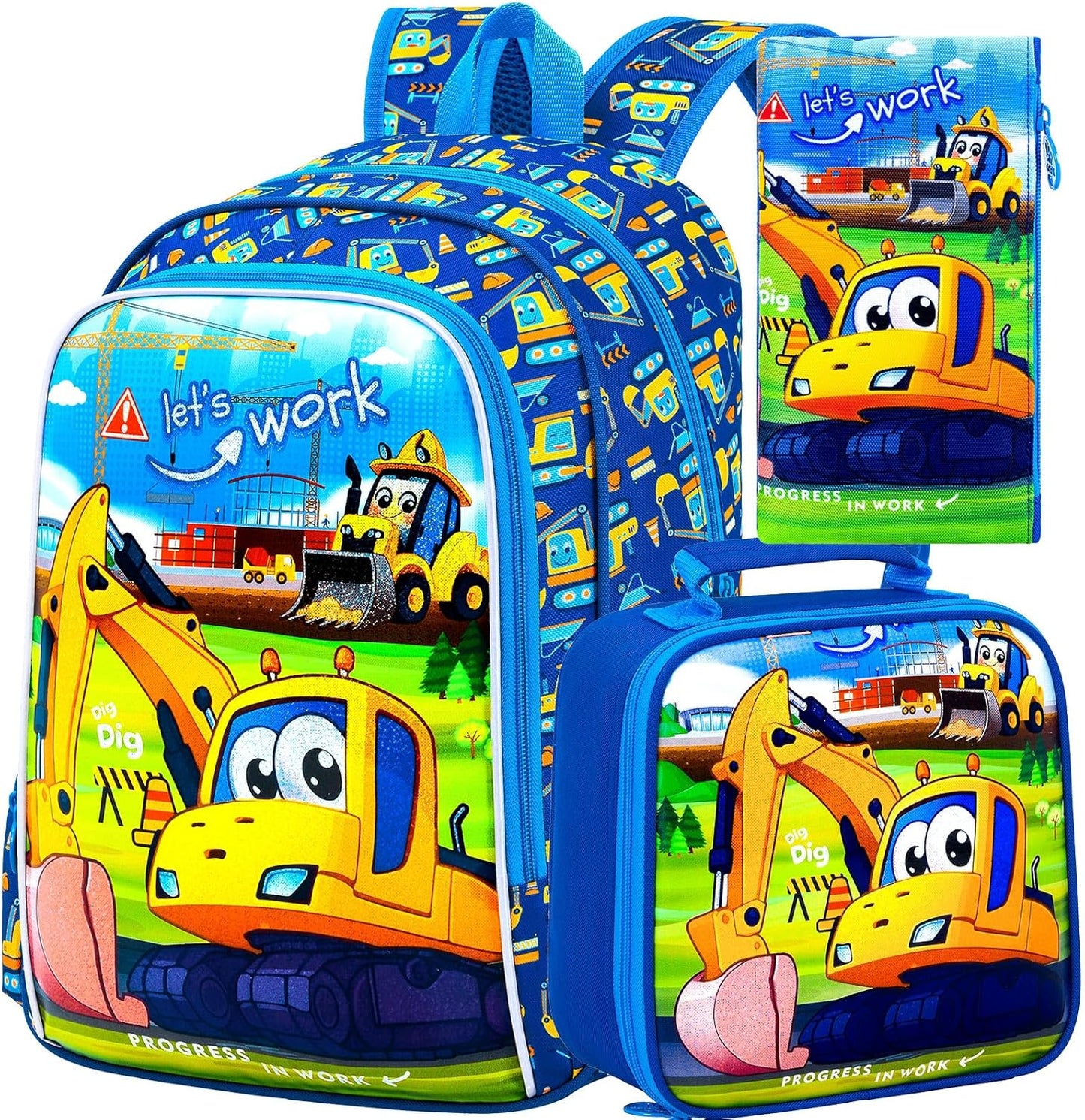 3PCS Dinosaur Backpack for Boys, 16 Inch Kids Water Resistant Preschool Elementary Kindergarten Bookbags and Lunch Box