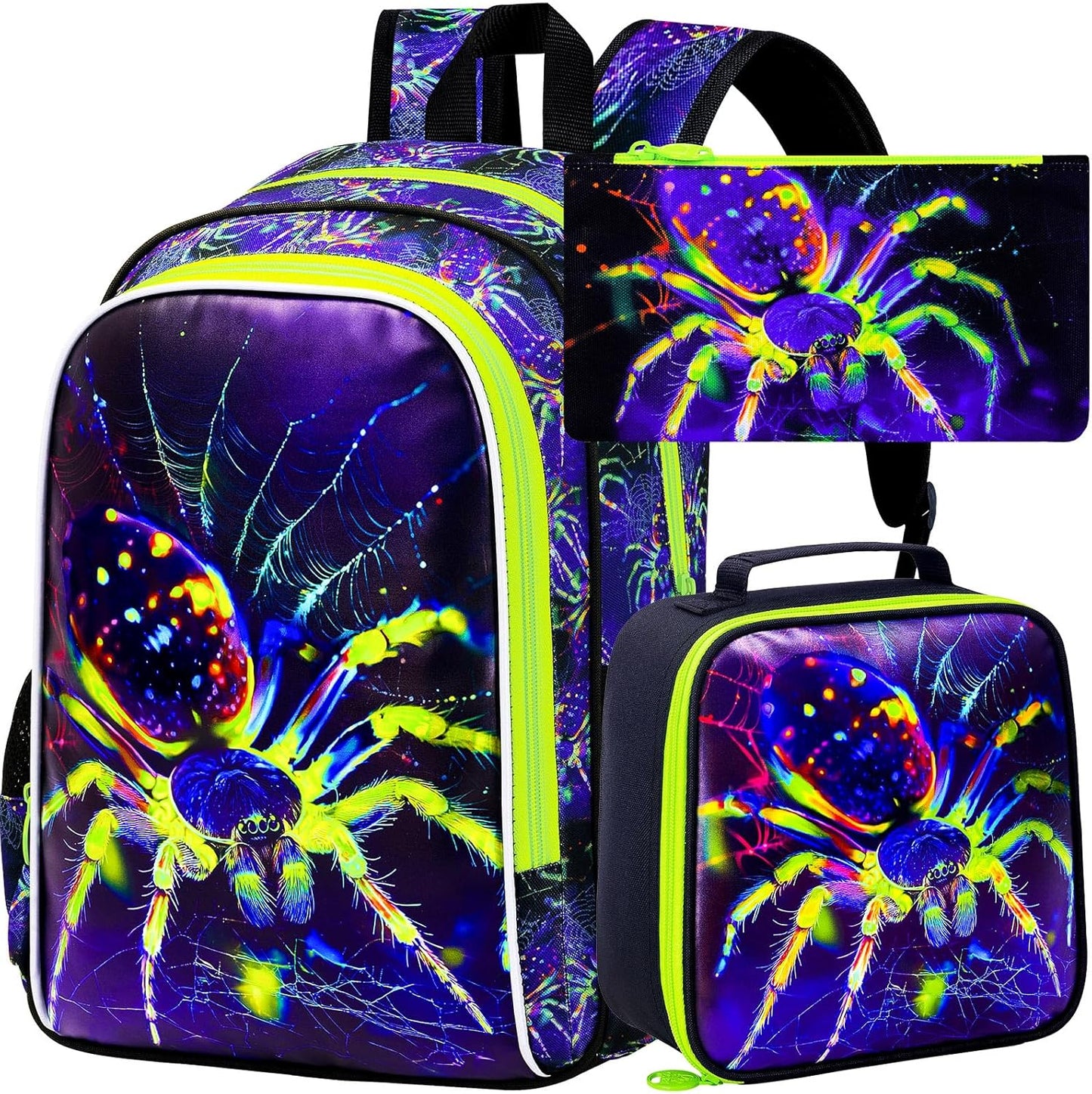 16" Backpack for Boys, 3Pcs Kids Spider Bookbag with Lunch Box, School Backpacks for Elementary Preschool Kindergarten (Green)