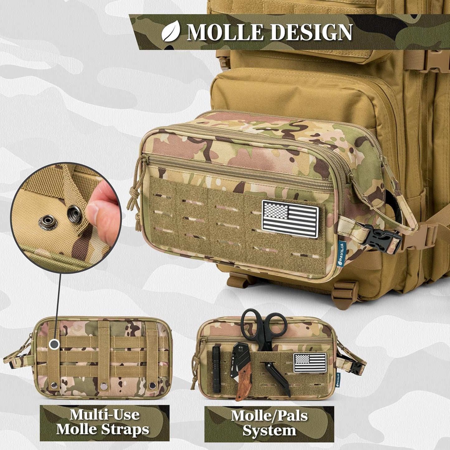 PAVILIA Extra Large Tactical Toiletry Bag for Men, Travel Hygiene Bag, Military Gear Dopp Kit, Molle Accessories Pouch, Shaving Grooming Essentials Gym Bathroom Shower Toiletries Tool EDC, Camo XL