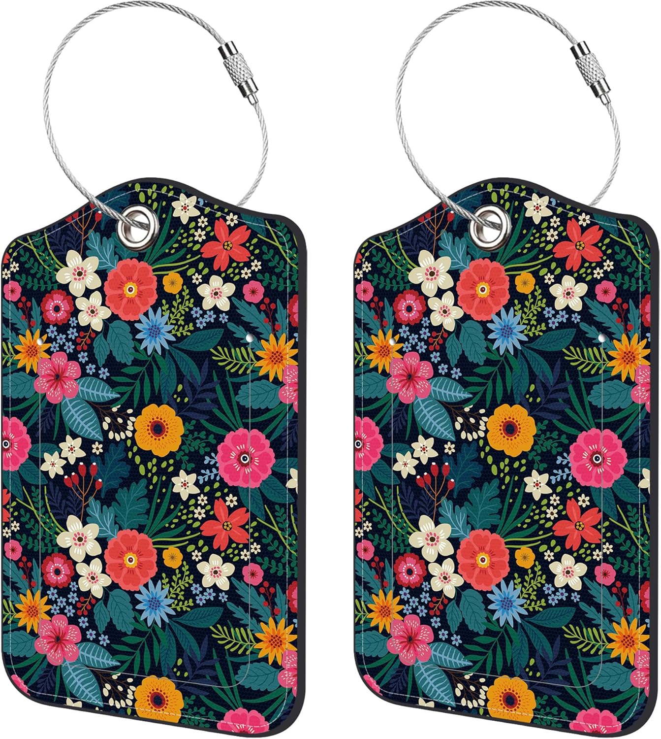 2 Pack Luggage Tags,Colorful Flowers PU Leather Idea Baggage Tag with ID Labels Privacy Cover Metal Ring Men and Women Travel Bag Labels