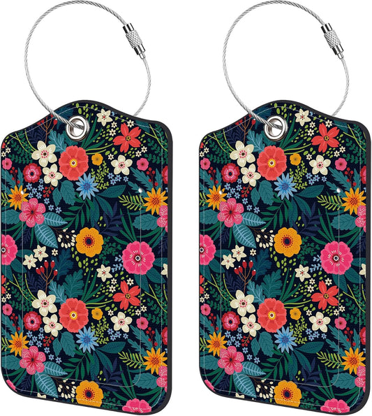 2 Pack Luggage Tags,Colorful Flowers PU Leather Idea Baggage Tag with ID Labels Privacy Cover Metal Ring Men and Women Travel Bag Labels