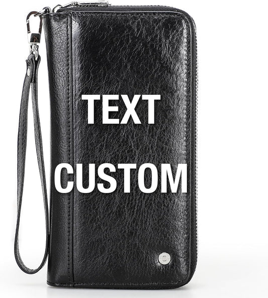 Top Grain Genuine Leather Text Customizable Clutch Wallet Purse for Man & Woman, Classic Vintage Design, Fully Handmade, Multiple Pockets & Slots, RFID Large Capacity for Daily/Business/Traveling/Gift