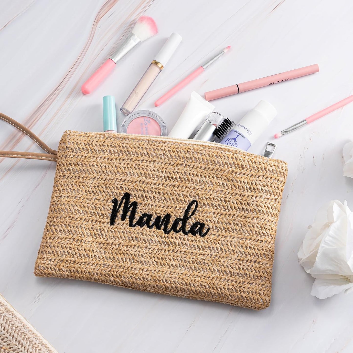 Personalised Straw Clutch Purse, Personalised Embroidered Cosmetic Bag, Handwoven Straw Cosmetic Bag with Leather Trim, Bridesmaid Gift