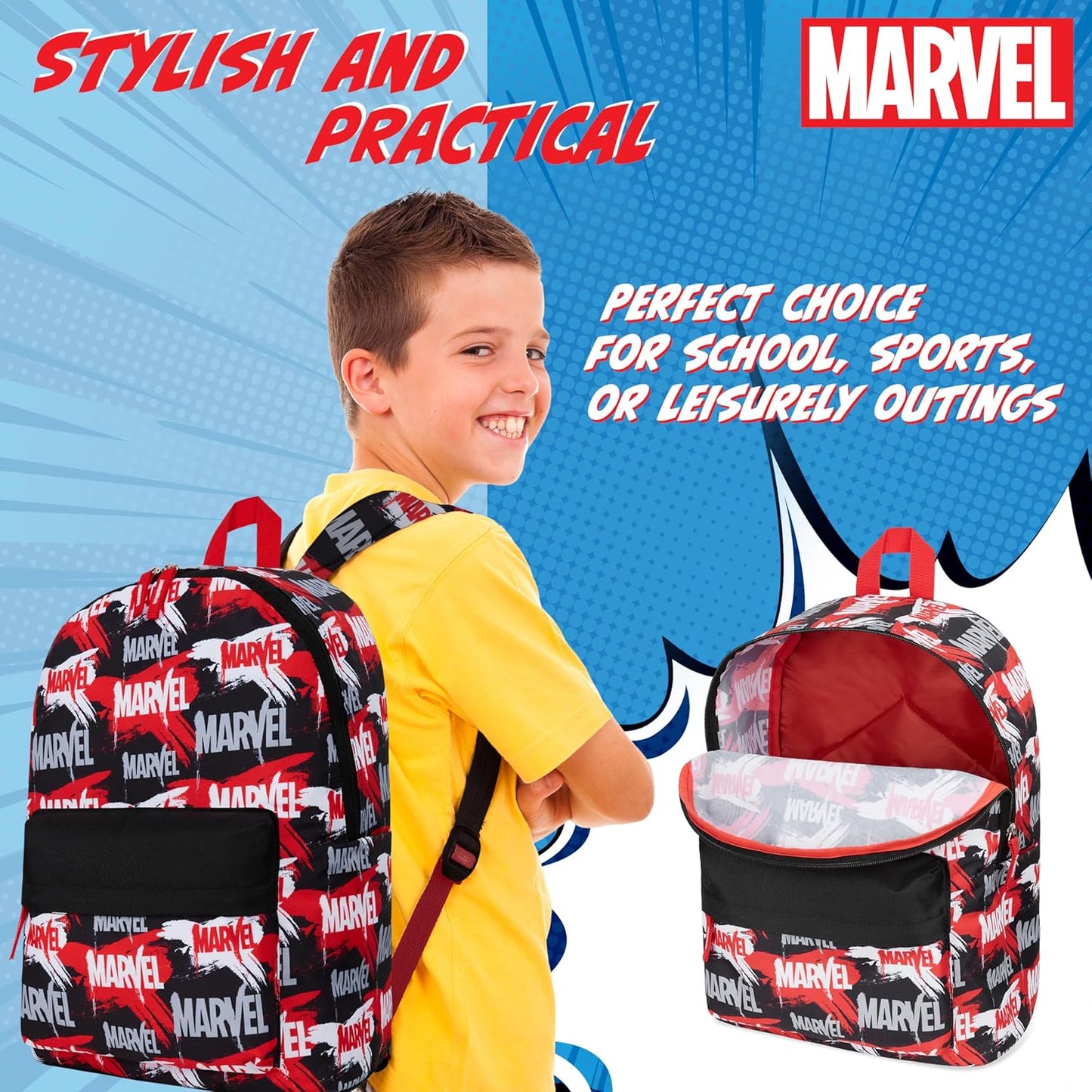 Marvel Avengers Backpack for Kids Teens Bookbag with Double Straps Daypack Backpacks for School Travel Sports Gifts for Boys (Red/Black)