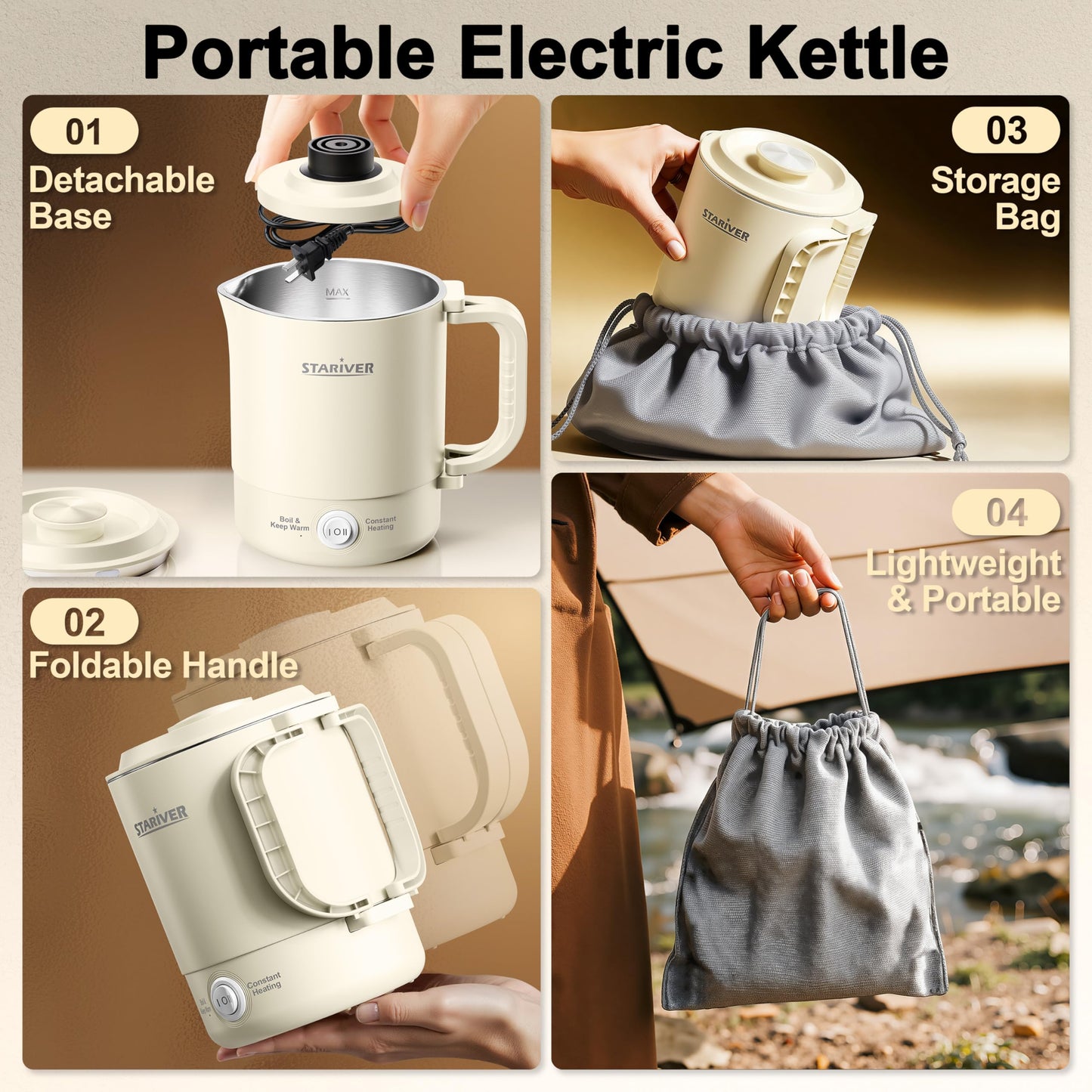 Stariver 0.6L Portable Electric Kettle, Stainless Steel Travel Kettle