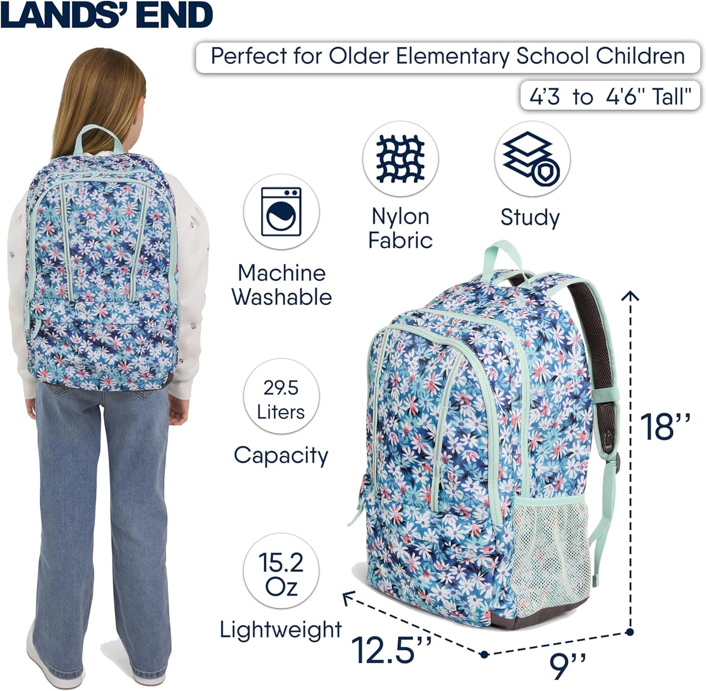 Lands' End Unisex Kids Large ClassMate Lightweight Durable Elementary School Backpack, Peacock