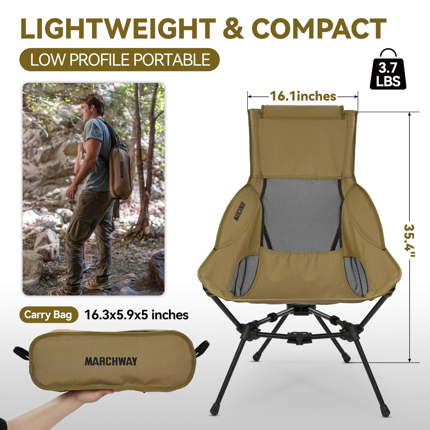 MARCHWAY Lightweight Folding High Back Camping Chair with Head Support, Stable Portable Compact for
