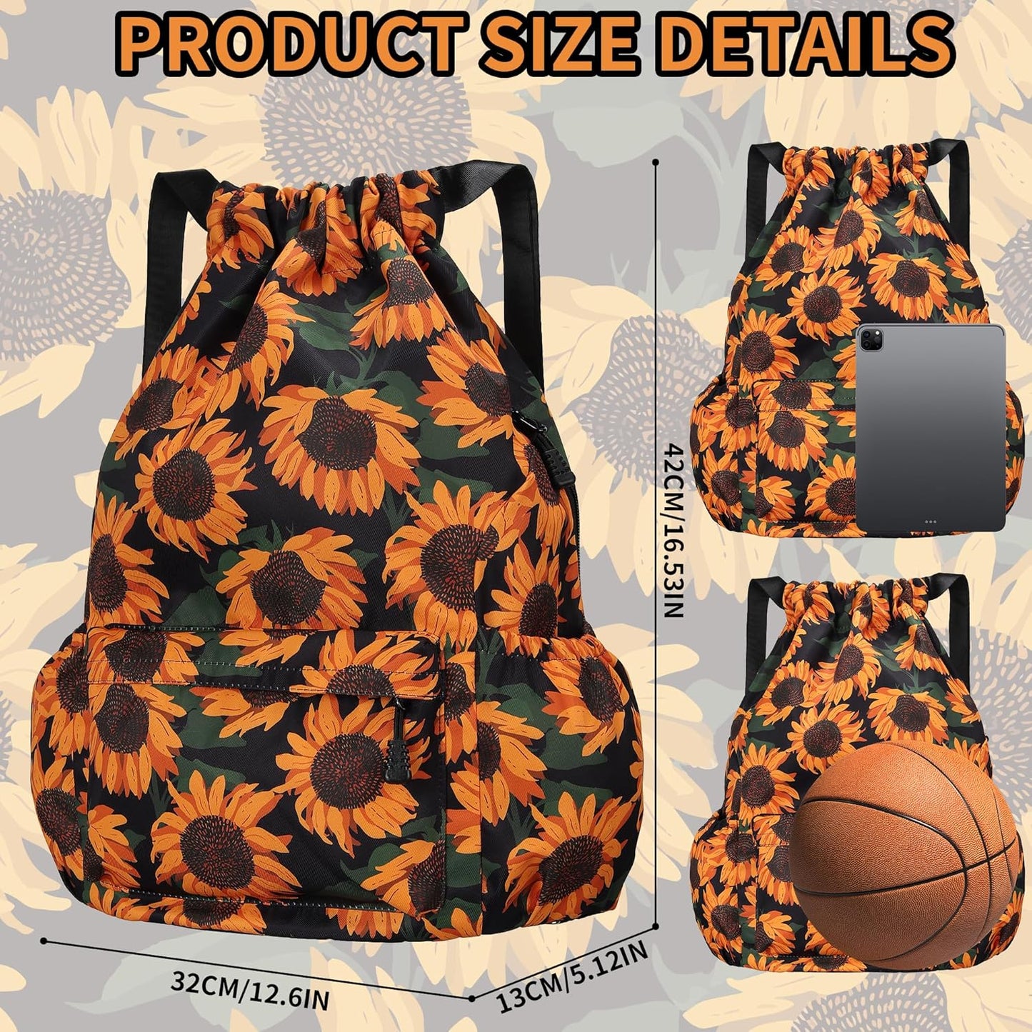 Drawstring Backpack for Women Drawstring Gym Bag Water Resistant Small Cinch Sack Pull String Backpack Bag (Sunflower)