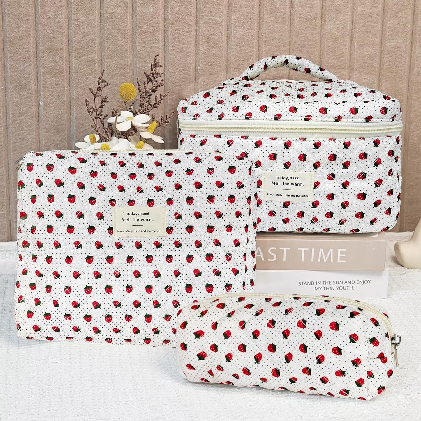 Quilted Makeup Bag, Large Capacity Travel Cosmetic Bag for Women and Girls, Aesthetic Storage for Daily and Travel Use (3pcs-Wildstrawberry)