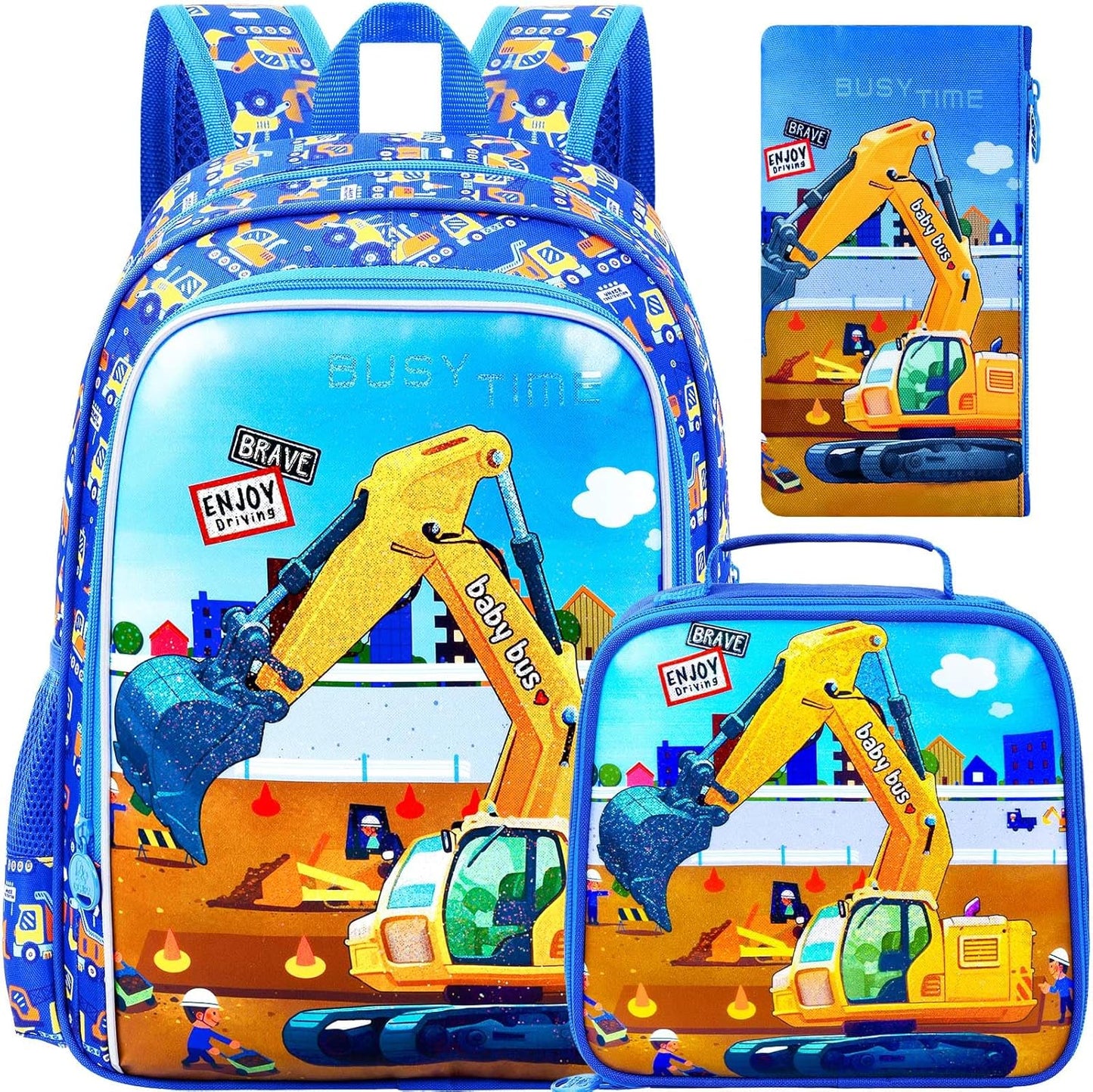 3PCS Excavator Backpack for Boys, Water Resistant Kids Digger Bookbag Set with Lunch Box, Cute School Bag for Preschool Toddler