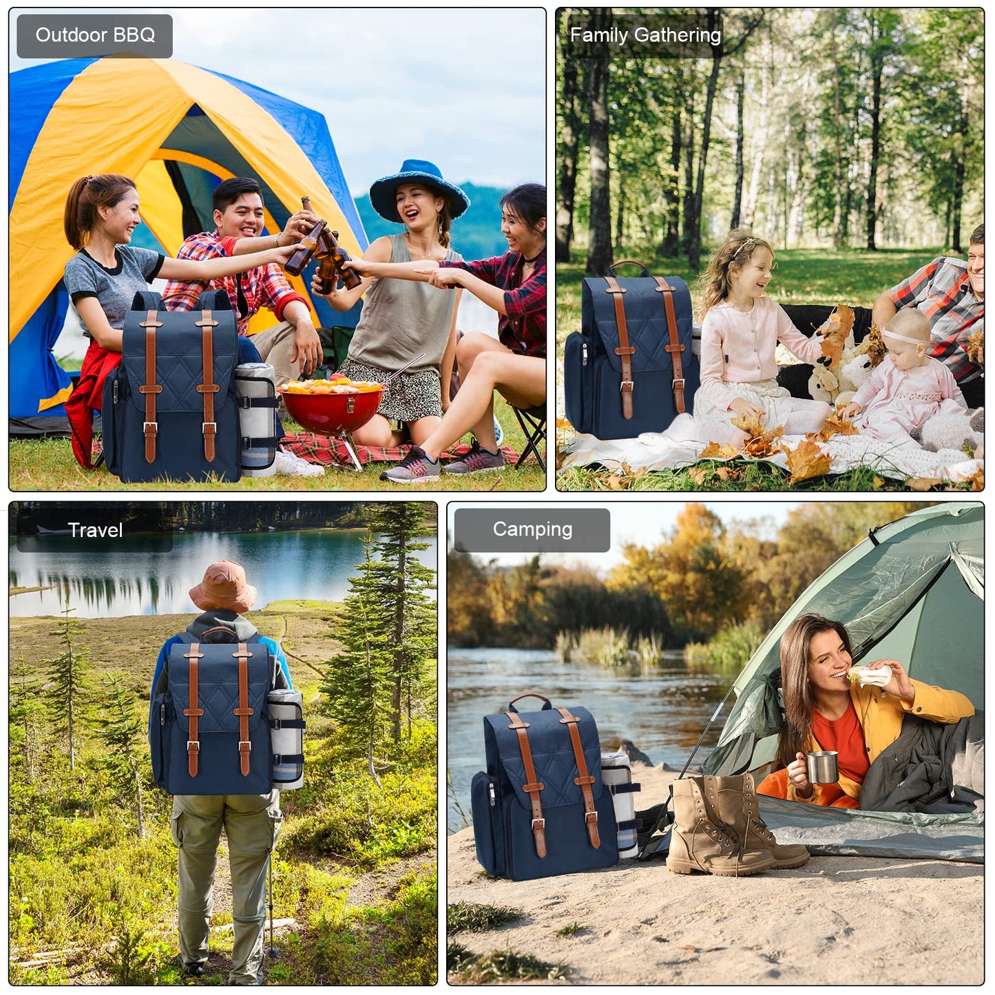 WICKERLAND Picnic Backpack for 4 Person w/Cooler & Waterproof Blanket,Blue