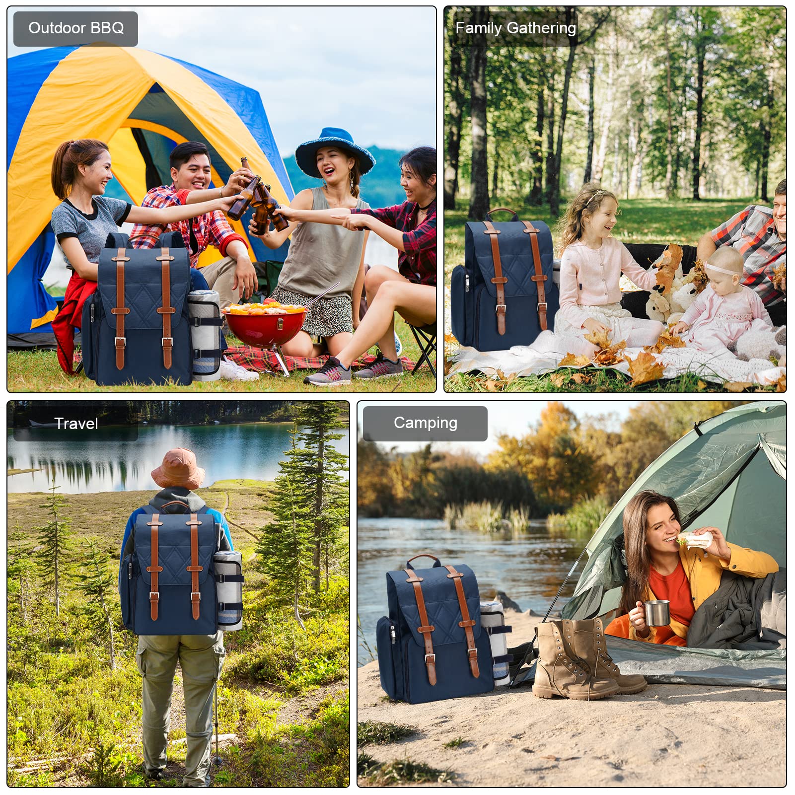 WICKERLAND Picnic Backpack for 4 Person w/Cooler & Waterproof Blanket,Blue