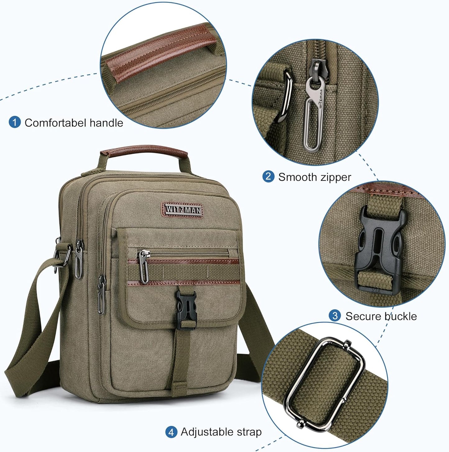 WITZMAN Crossbody Bag for Men Canvas Messenger Bags Vintage Man Purse Small Casual Shoulder Bag for Work Traveling