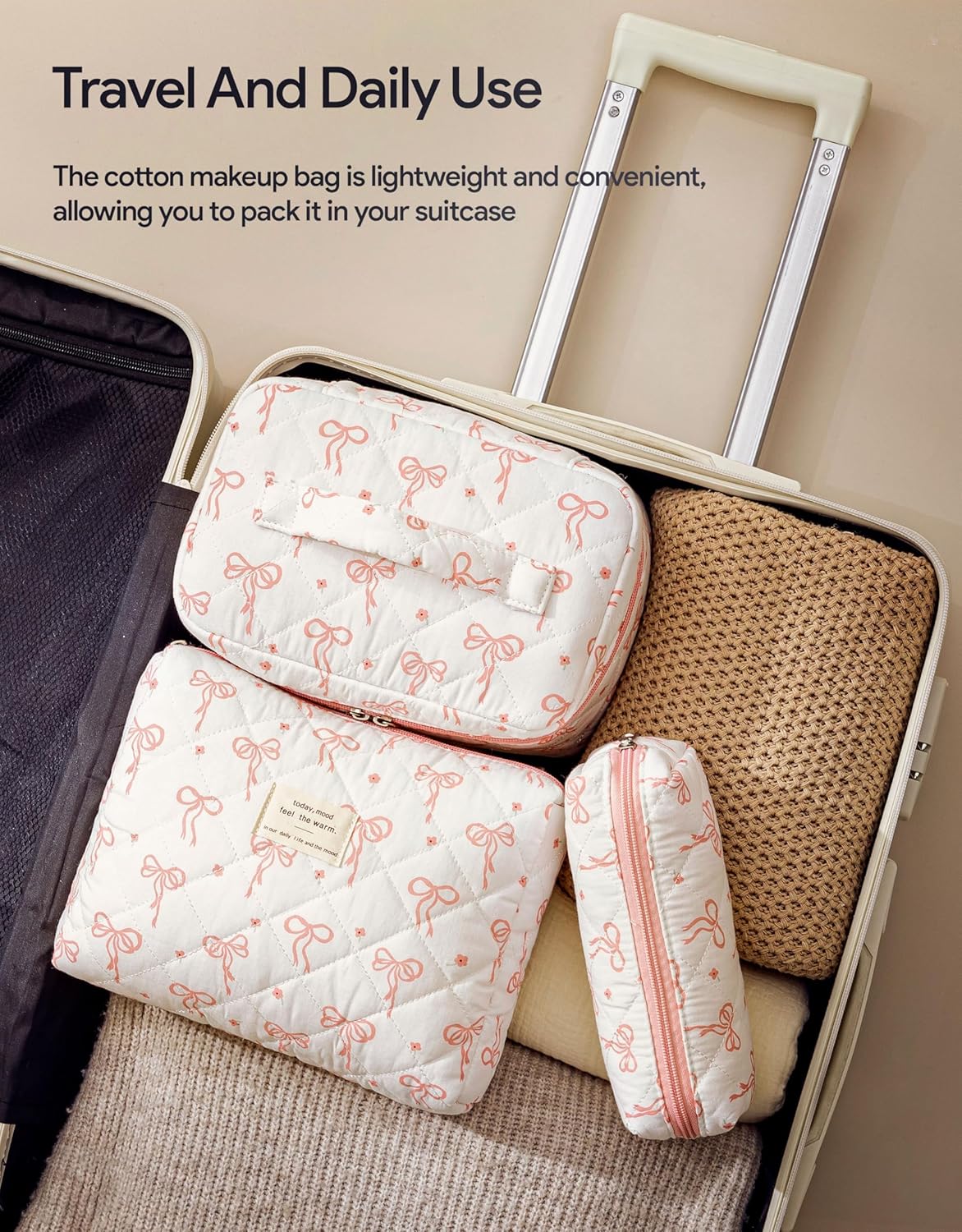 HBselect Quilted Makeup Bag, 3PCS Cotton Large Travel Makeup Bag, Cute Floral Coquette Make up Bag Cosmetic Bag Toiletry Bag for Women Girls
