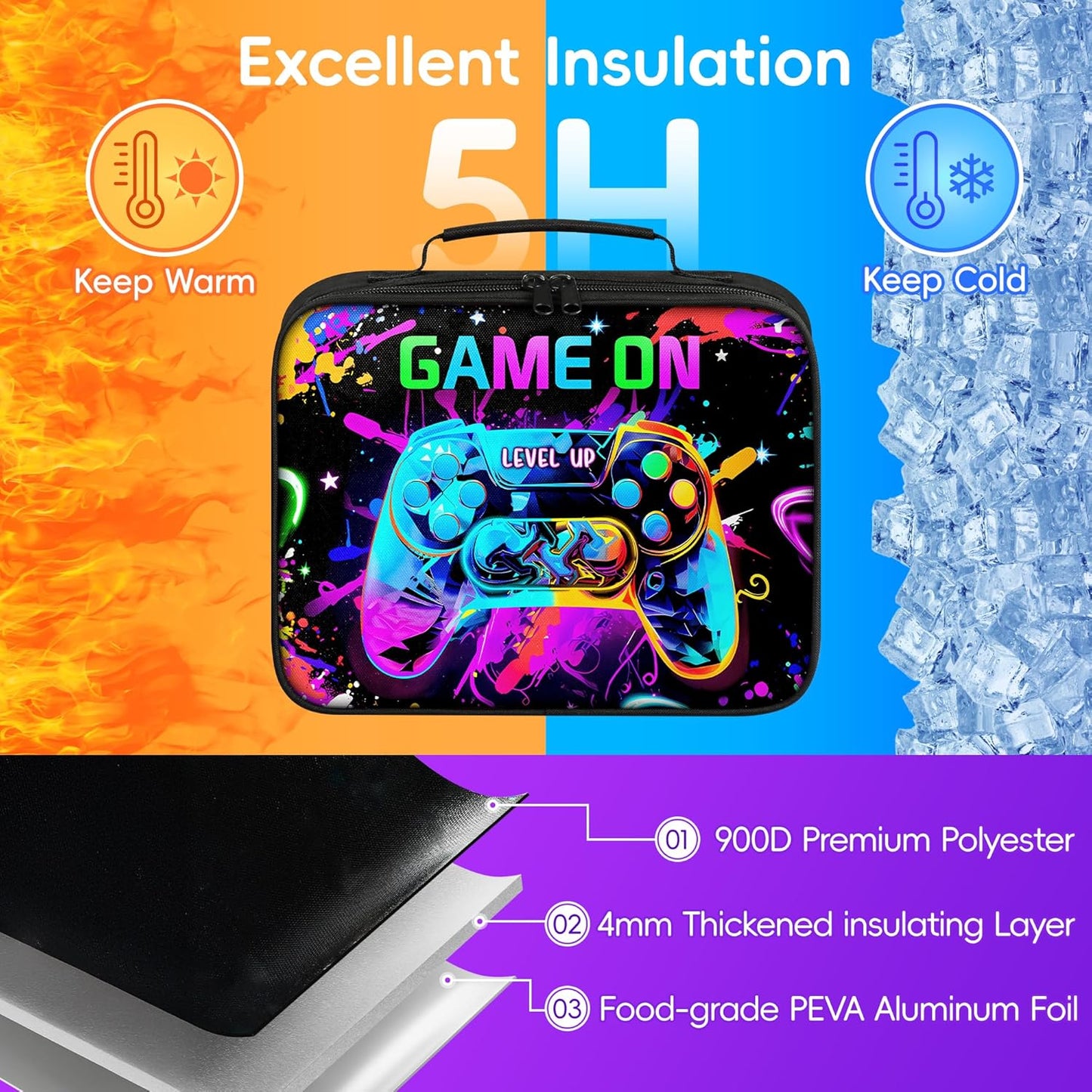 Gamer Lunch Box for Boys, Insulated Reusable Video Game Lunch Bag Portable Waterproof Leakproof Lunch Tote Bag Game boy Lunch Box for School Picnic Travel Back to School Gifts (big game on)