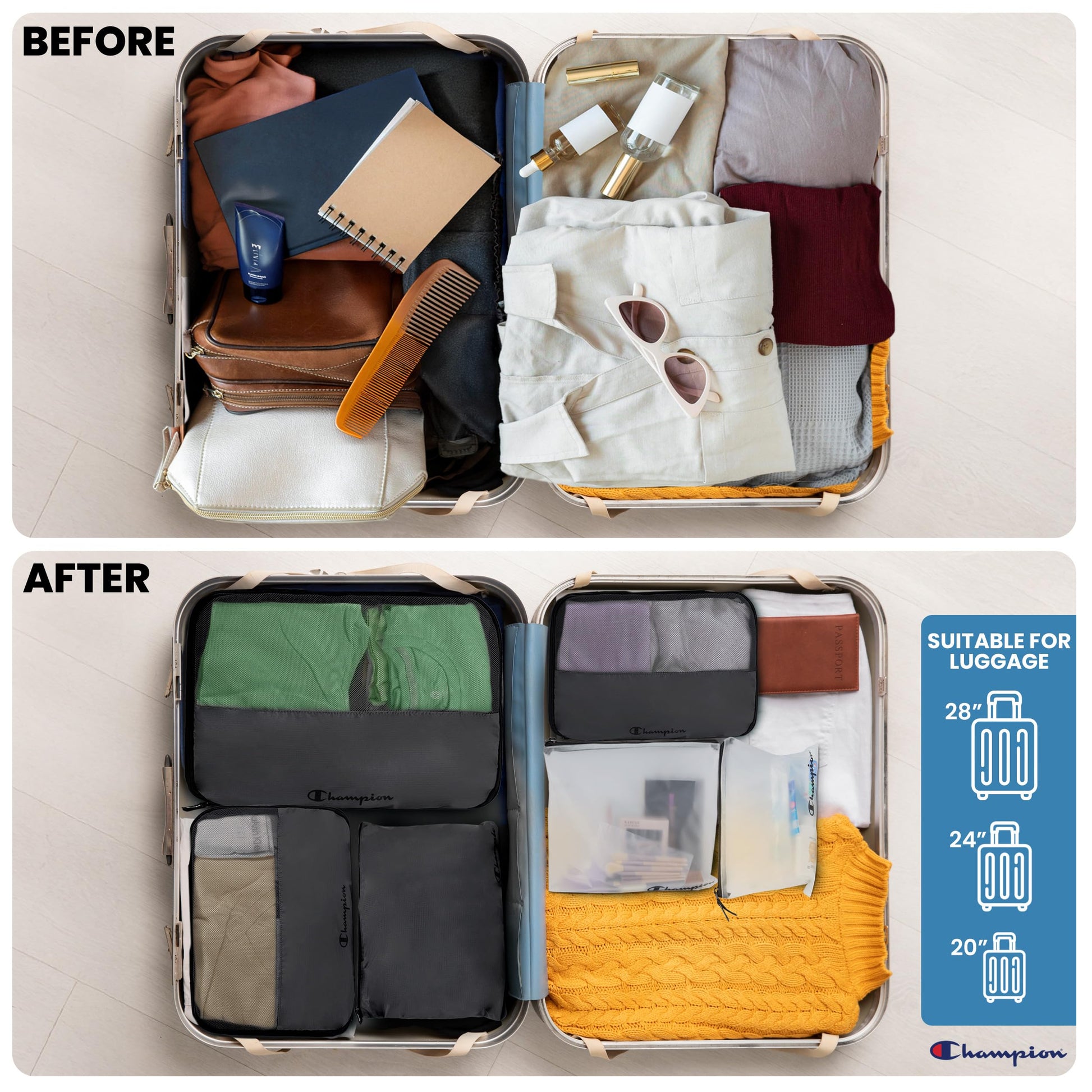 Champion Packing Cubes for Travel - 6 Piece Organizer Set, Carry-On Ready
