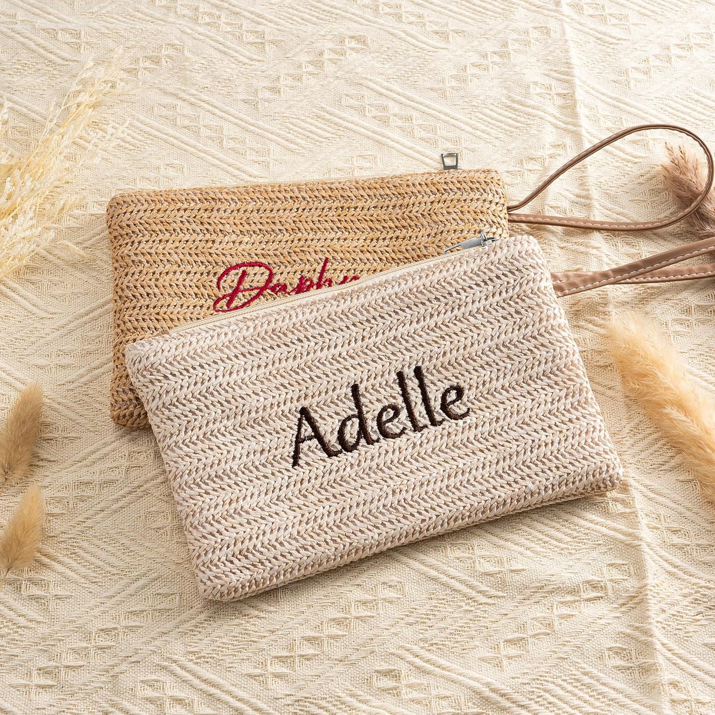 Personalised Straw Clutch Purse, Personalised Embroidered Cosmetic Bag, Handwoven Straw Cosmetic Bag with Leather Trim, Bridesmaid Gift