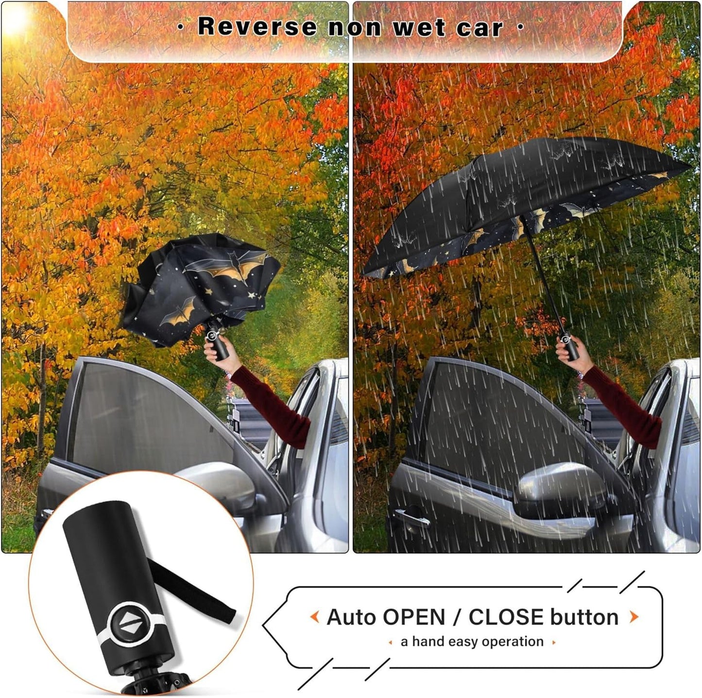 Automatic Folding Umbrella Windproof Strong, UV Protection Compact Black Gothic Moon Spider Webs and Bats Sun Rain Sun Rain Travel Umbrellas for Women Men