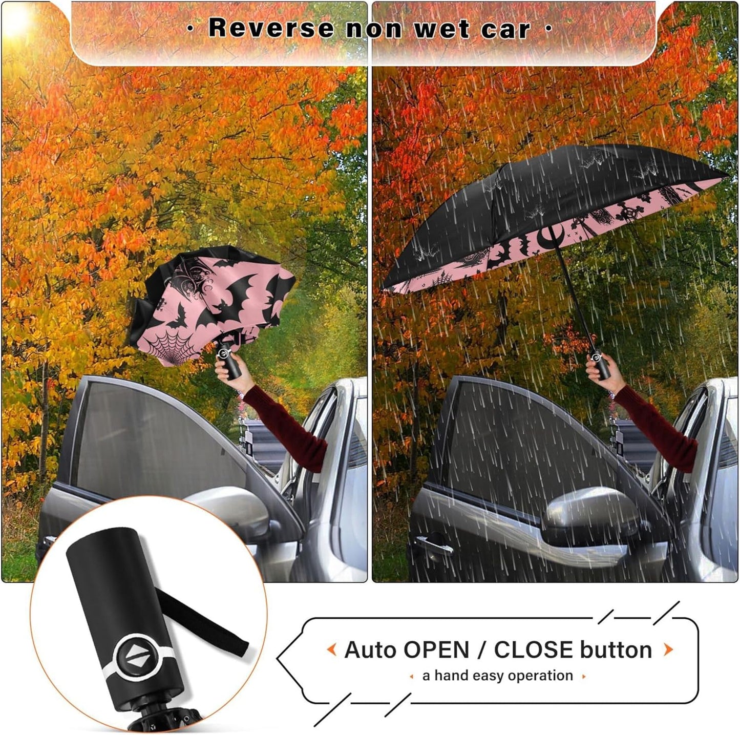 Automatic Folding Umbrella Windproof Strong, UV Protection Compact Black Gothic Moon Spider Webs and Bats Sun Rain Sun Rain Travel Umbrellas for Women Men