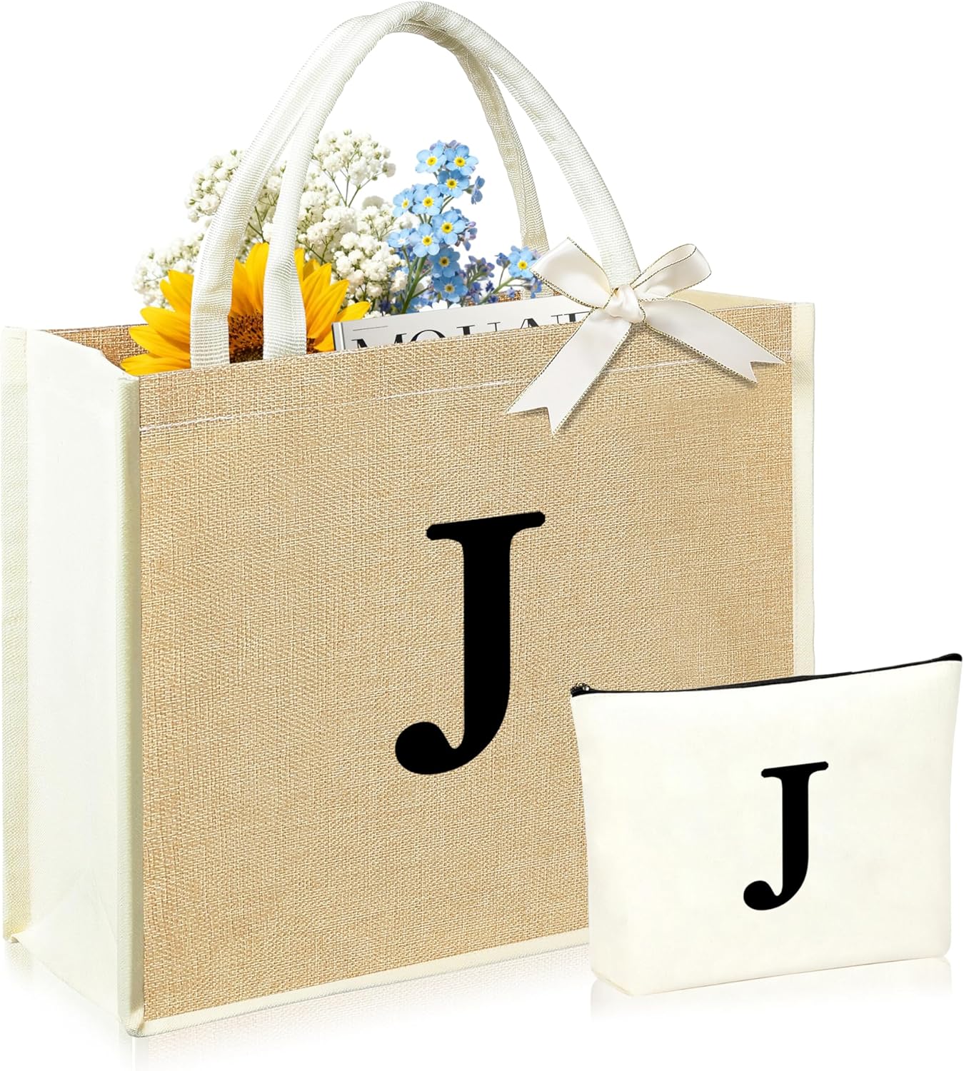 Initial Canvas Tote Bag & Makeup Bag for Women Teacher Bridesmaids，Personalized Present for Wedding, Birthday, Beach