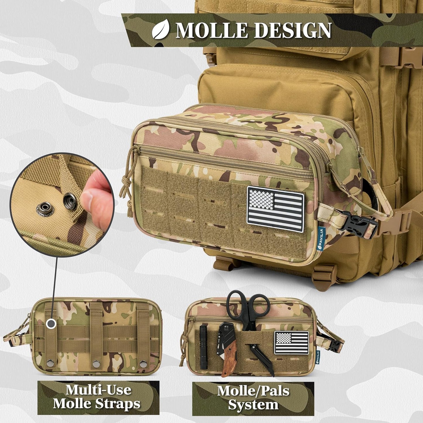 PAVILIA Tactical Toiletry Bag for Men, Travel Hygiene Bag, Military Gear Dopp Kit, Water Resist Molle Accessories Pouch, Mens Shaving Essentials, Gym Bathroom Shower Small Toiletries Tool EDC, Camo
