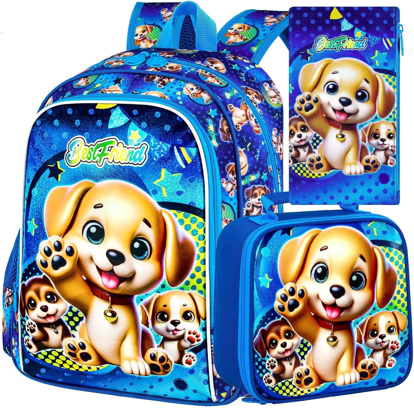 3PCS Backpack for Boys, 16" Kids Dog Backpacks Water Resistant for Elementary Preschool, Boy Bookbag with Lunch Box