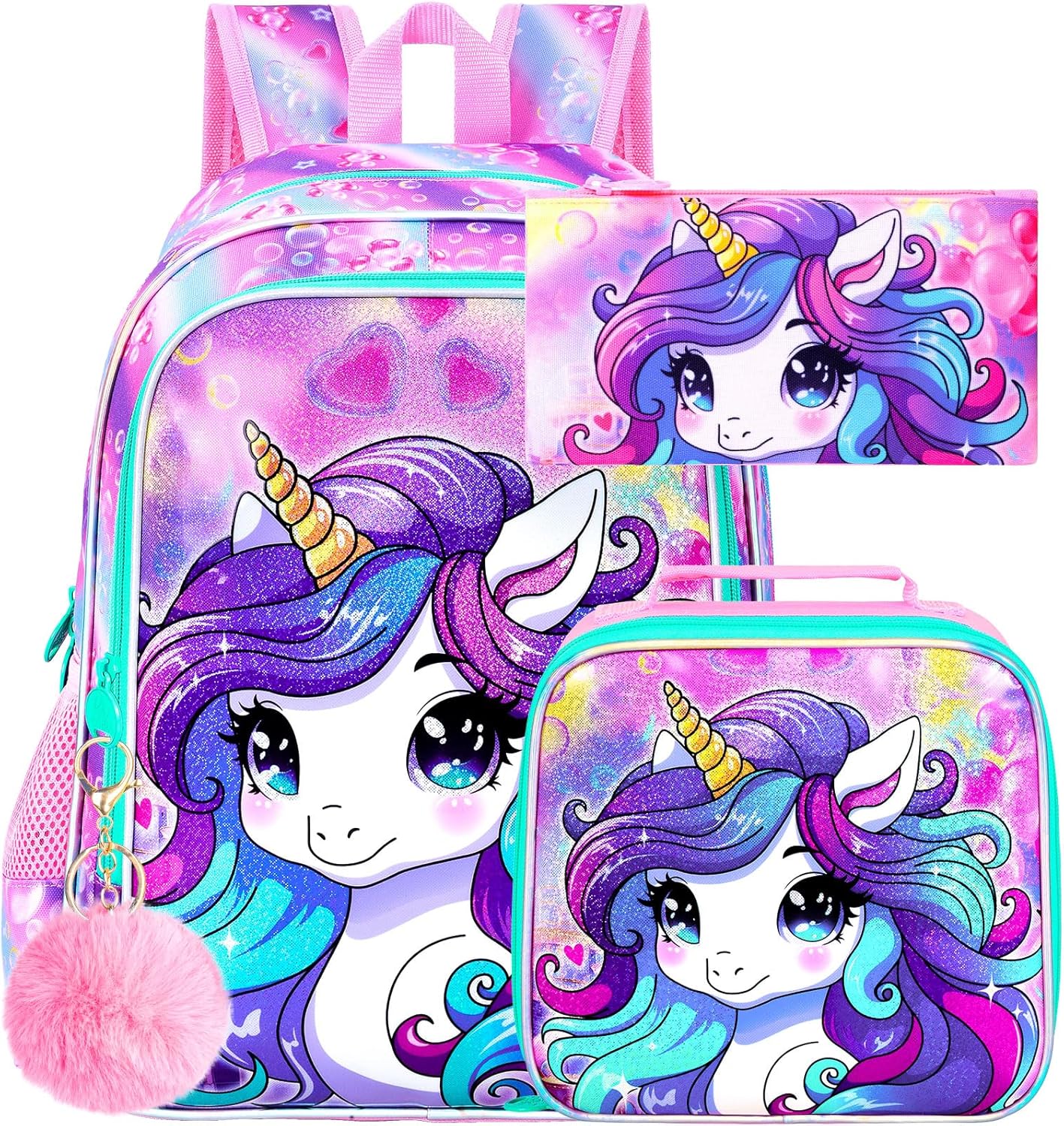 CCJPX 3PCS Unicorn Backpack for Girls, 16”Kids Preschool Bookbag Set, Cute Water Resistant Elementary School Bag and Lunch Box