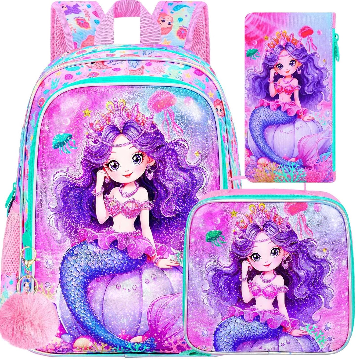 3PCS Mermaid Backpack for Girls, Water Resistant Kids Bookbag Set with Lunch Box，Cute Elementary School Bag for Preschool Toddler