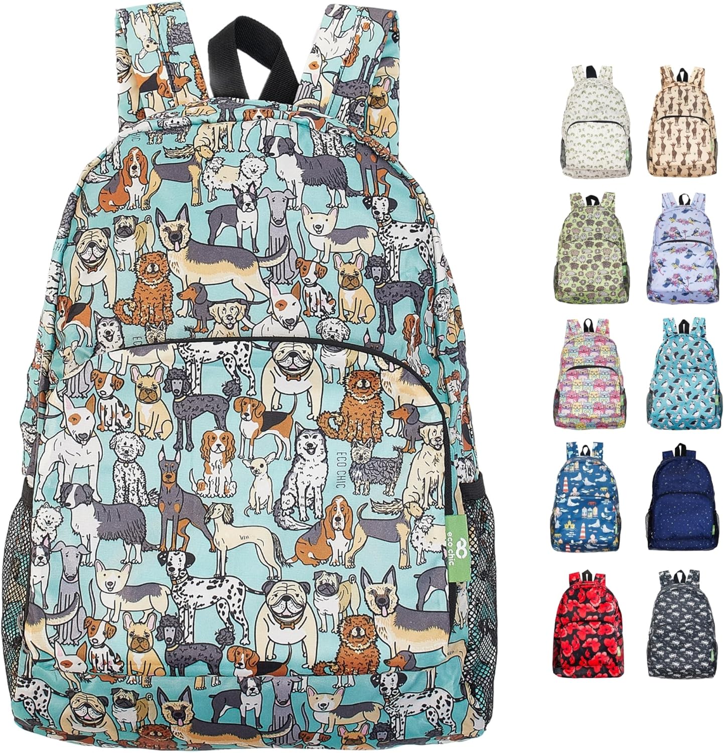 ECO CHIC Hiking Lightweight Packable Backpack - Foldable Daypack for Travel & Hiking & Outdoor Adventures - Waterproof Backpack from Recycled Materials (Dogs Teal)