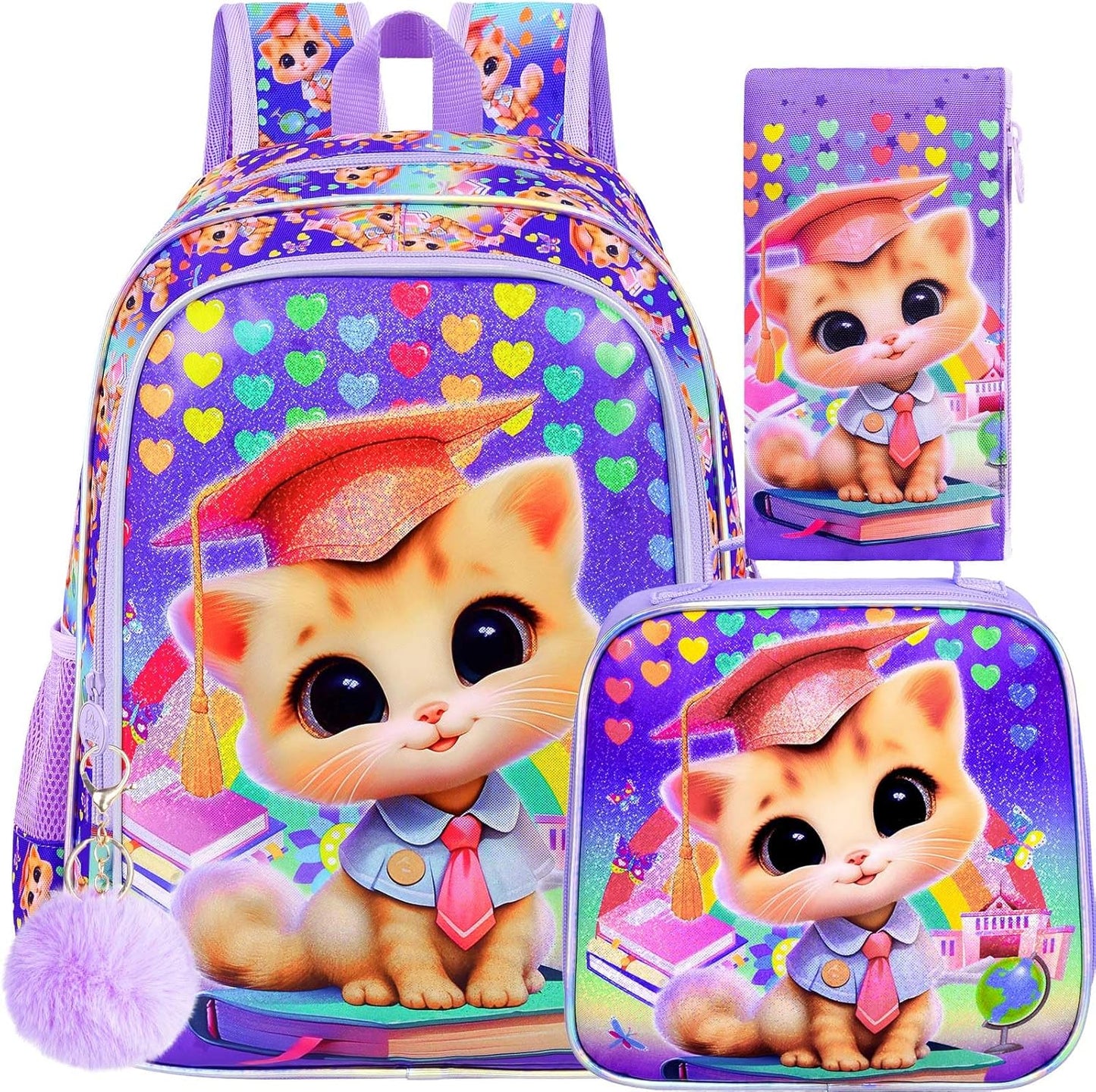 3PCS Girls Cat Backpack, 16" Kids Bookbag with Lunch Box, Kids Water Resistant Elementary Prechool Toddler Shool Bag - Purple Dr. Cat