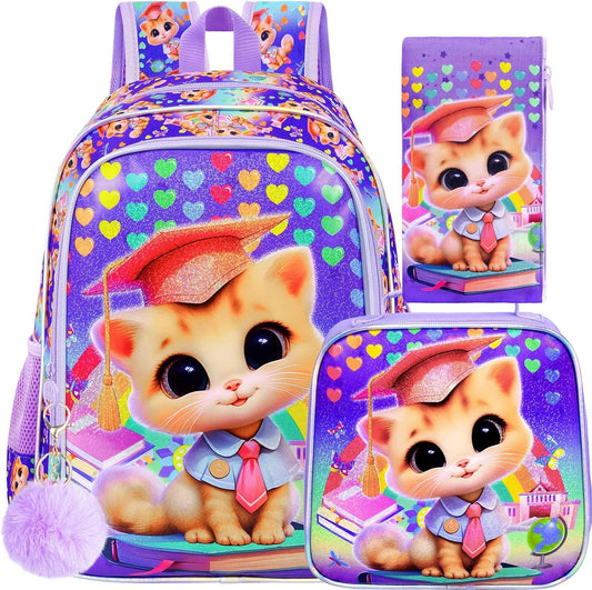 3PCS Girls Cat Backpack, 16" Kids Bookbag with Lunch Box, Kids Water Resistant Elementary Prechool Toddler Shool Bag - Purple Dr. Cat