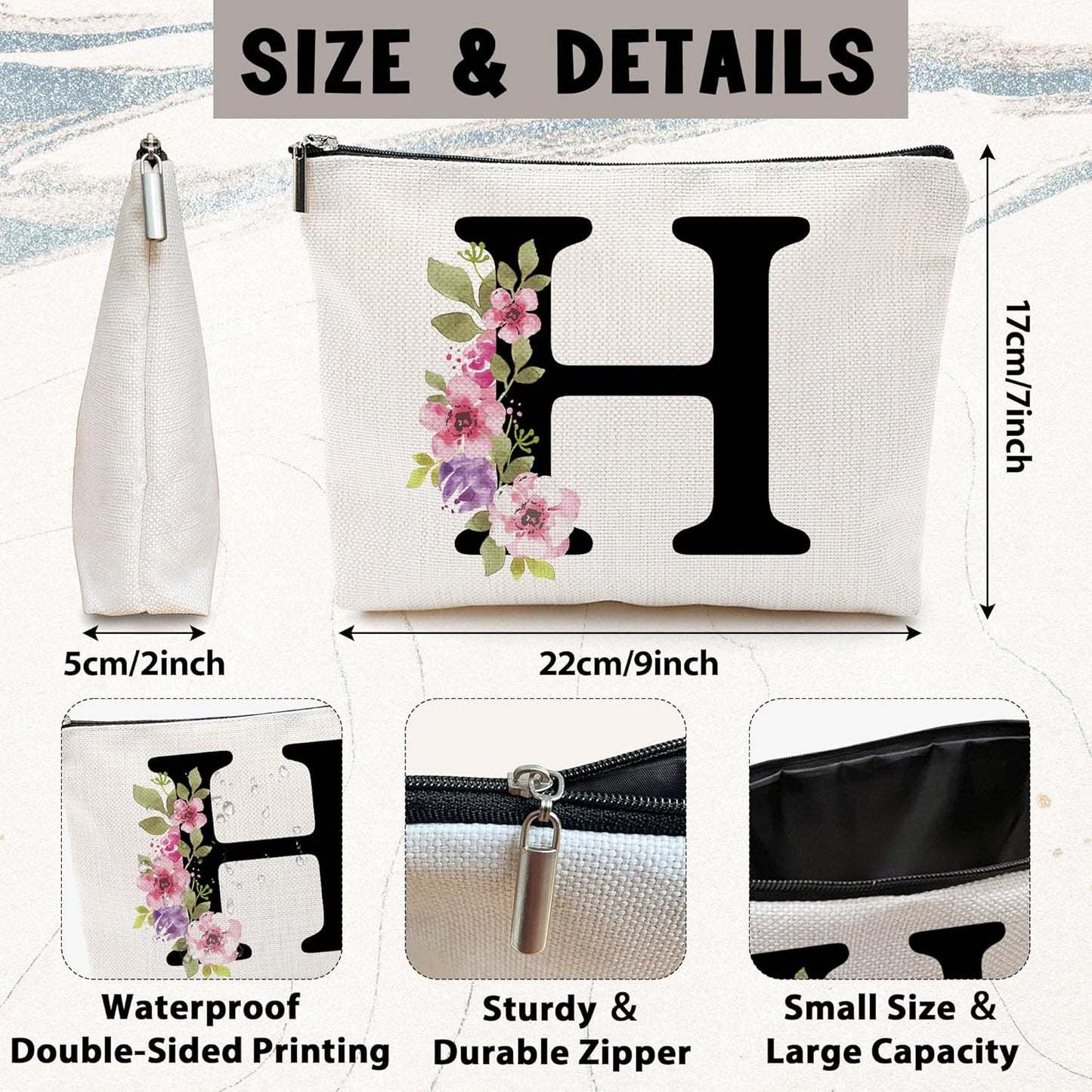 Personalized Letter H Makeup Bag for Women, Birthday Gifts for Mom, Small Zipper Pouch for Purse, Christmas Bridesmaid Friendship Gifts for Sister Daughter, Girls Weekend Gifts for Women-A08