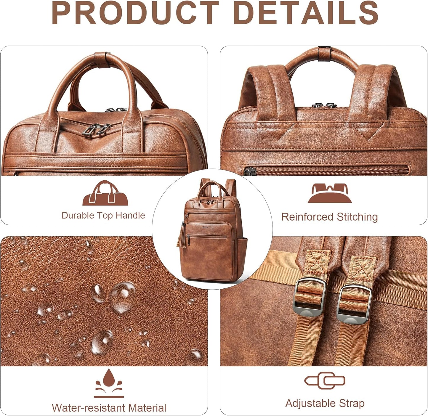 Shrrie Laptop Backpack for Women 15.6 inch Travel Leather Backpack Purse Work Computer Backpacks for Business College Brown