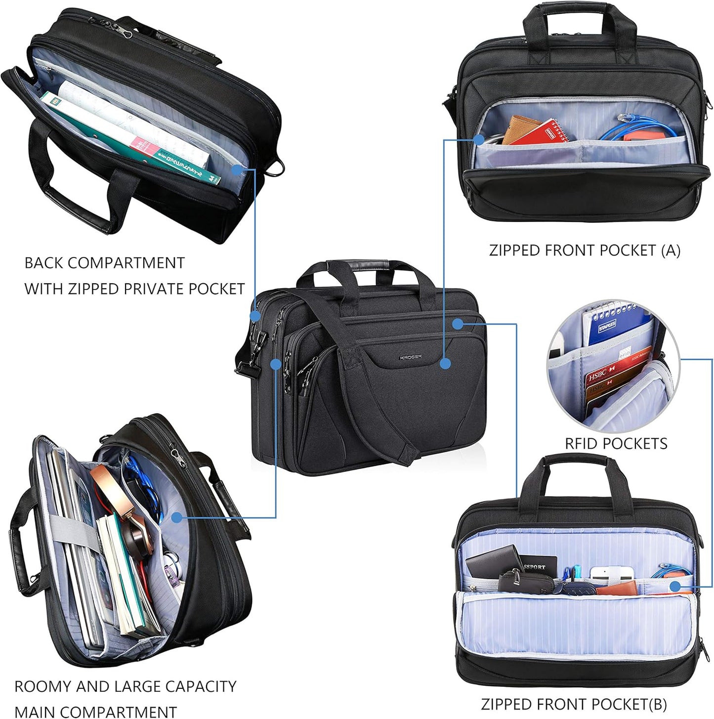 KROSER Laptop Bag Premium Laptop Briefcase Fits Up to 17.3 Inch Laptop Expandable Water-Repellent Shoulder Messenger Bag Computer Bag for Travel/Business/Men/Women-Black