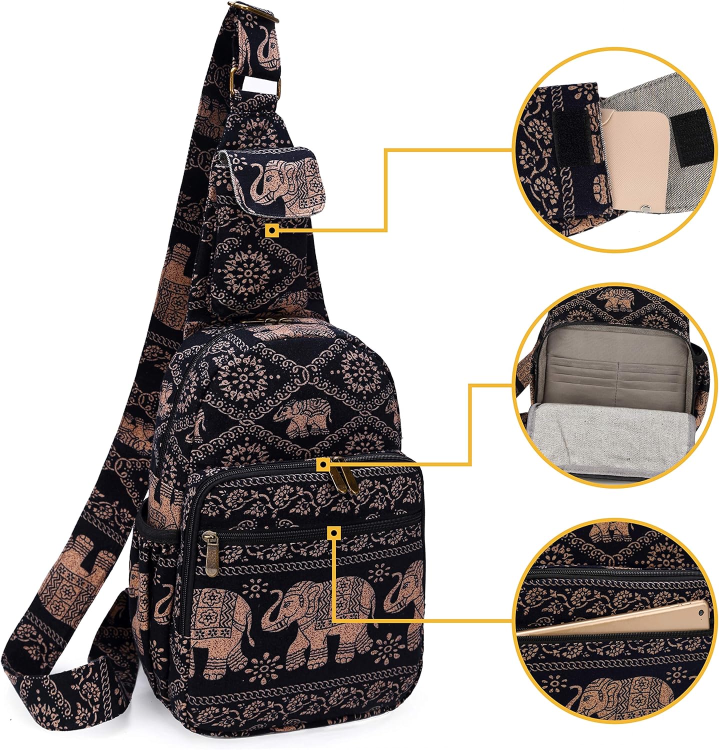 Coton Pose Women sling bag Elephant canvas large boho backpacks bohemian Crossbody bag (Black)