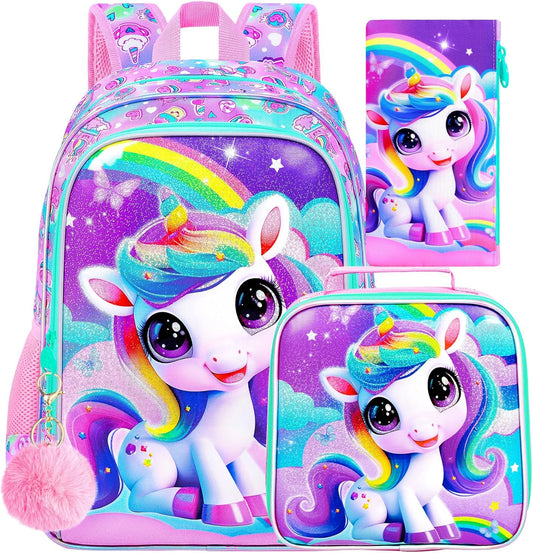 3PCS Unicorn Backpack for Girls, Water Resistant Kids Bookbag Set with Lunch Box, Cute School Bag for Preschool Toddler