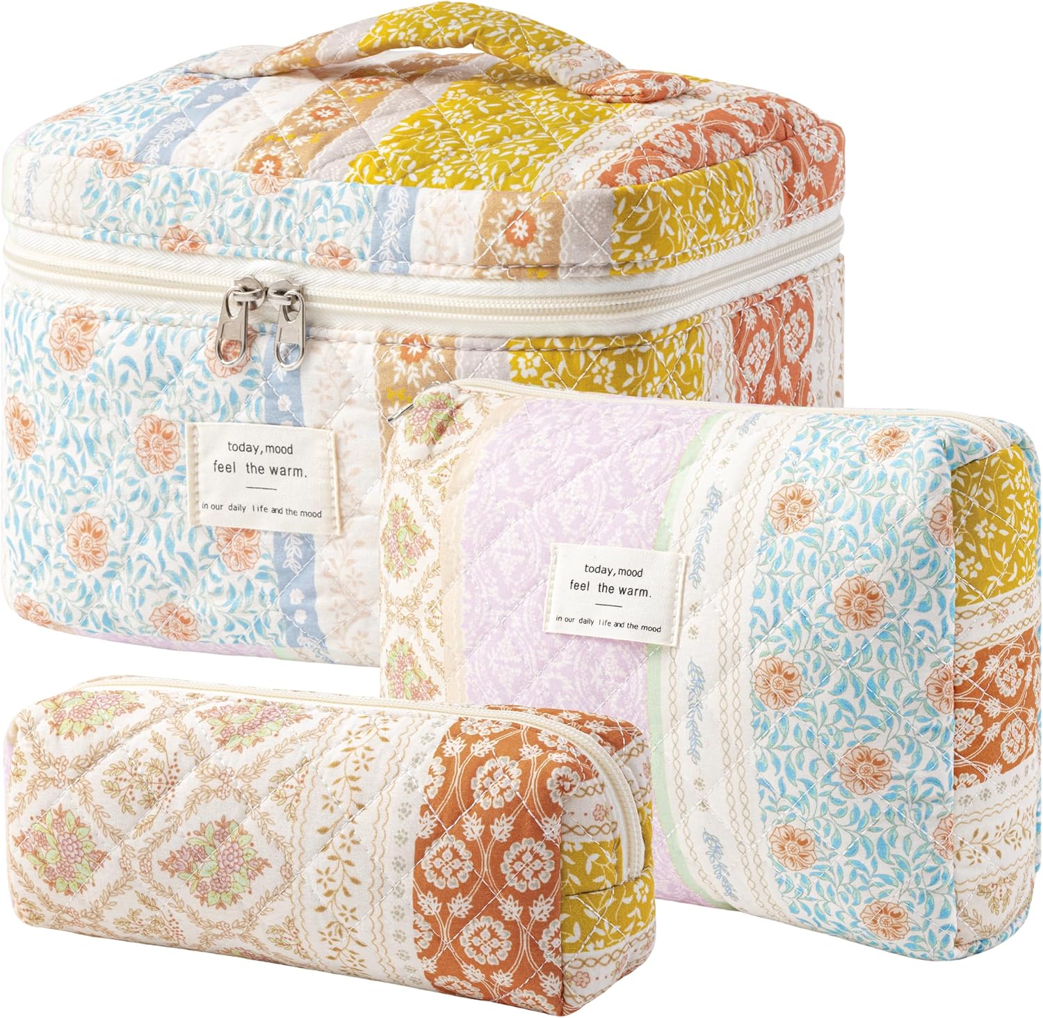 HBselect Quilted Makeup Bag, 3PCS Cotton Large Travel Makeup Bag, Cute Floral Coquette Make up Bag