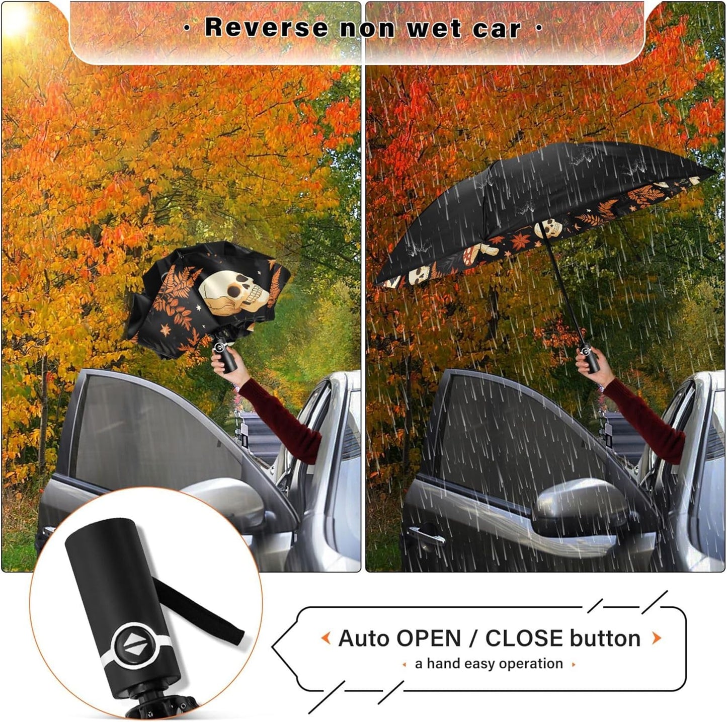 Automatic Folding Umbrella Windproof Strong, UV Protection Compact Black Gothic Moon Spider Webs and Bats Sun Rain Sun Rain Travel Umbrellas for Women Men