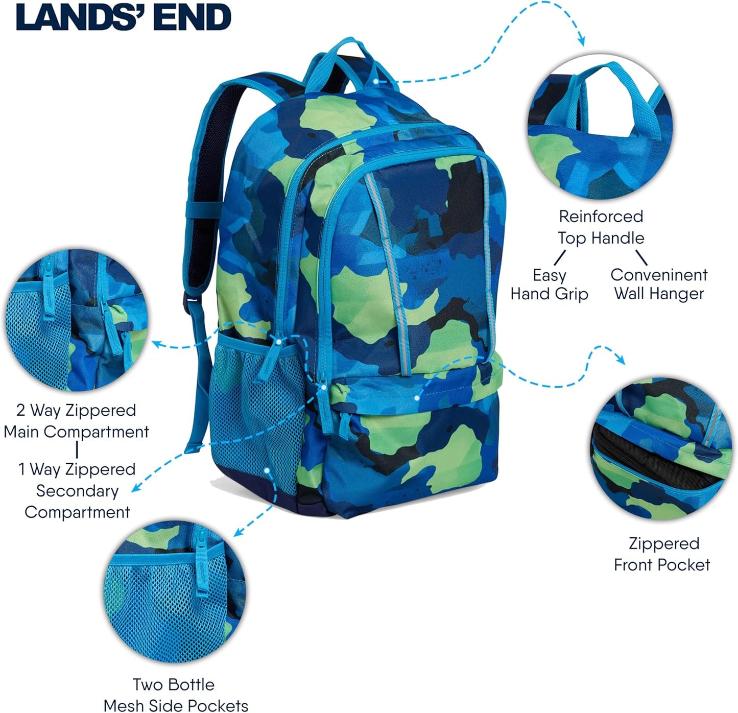 Lands' End Unisex Kids Large ClassMate Lightweight Durable Elementary School Backpack, Bright Blue