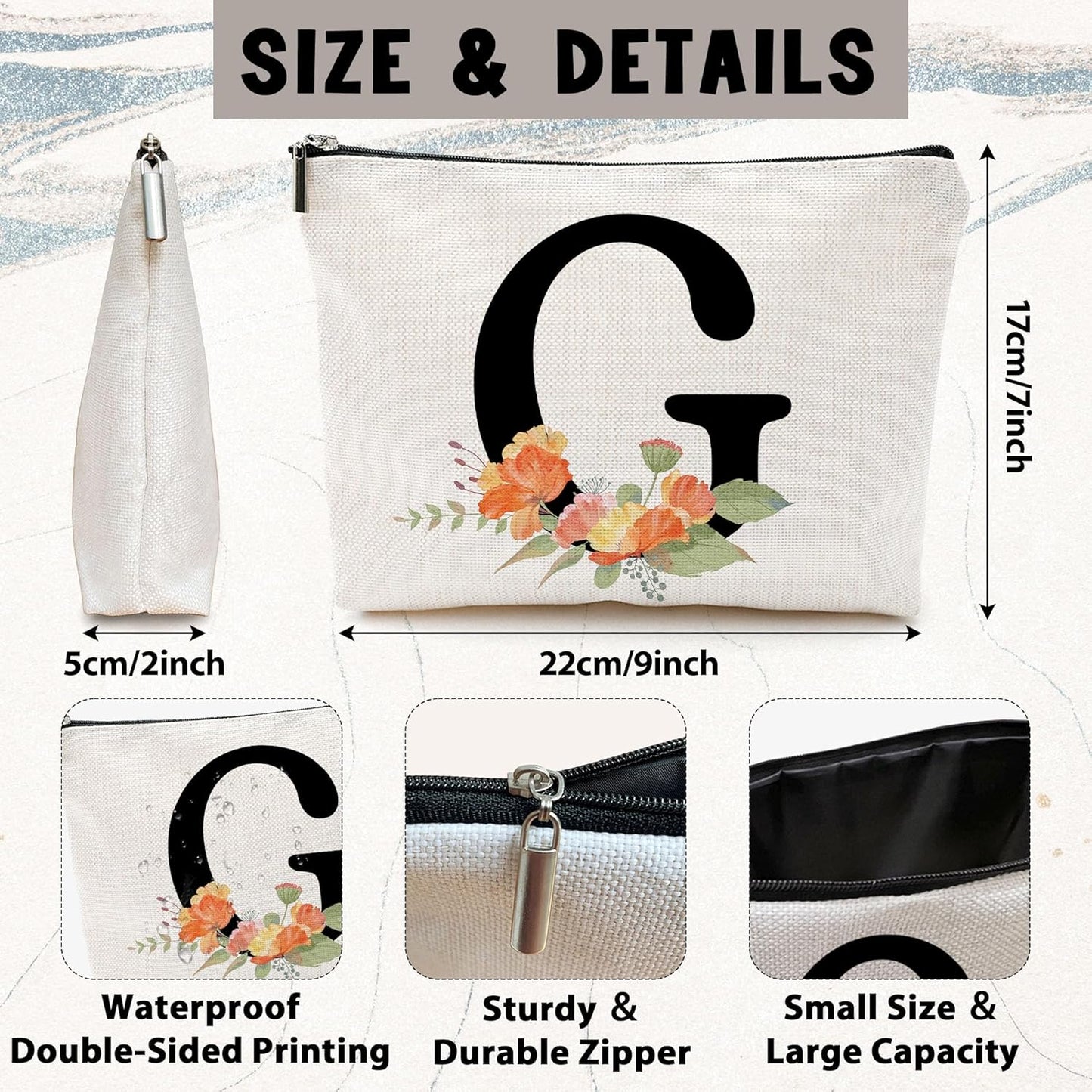 Personalized Letter G Makeup Bag for Women, Birthday Gifts for Mom, Small Zipper Pouch for Purse, Christmas Bridesmaid Friendship Gifts for Sister Daughter, Girls Weekend Gifts for Women-A07