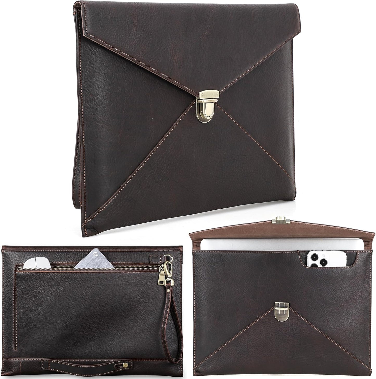 Top Grain Leather 14.2" Slim Laptop Bag Case, Envelope Style, Removable Wristlet & 3 Pockets, Fits MacBook Pro 14 Inch 2021 2022 M1 Pro/M1 Max A2442 & Other Laptop, Black Coffee 14.2 Inch