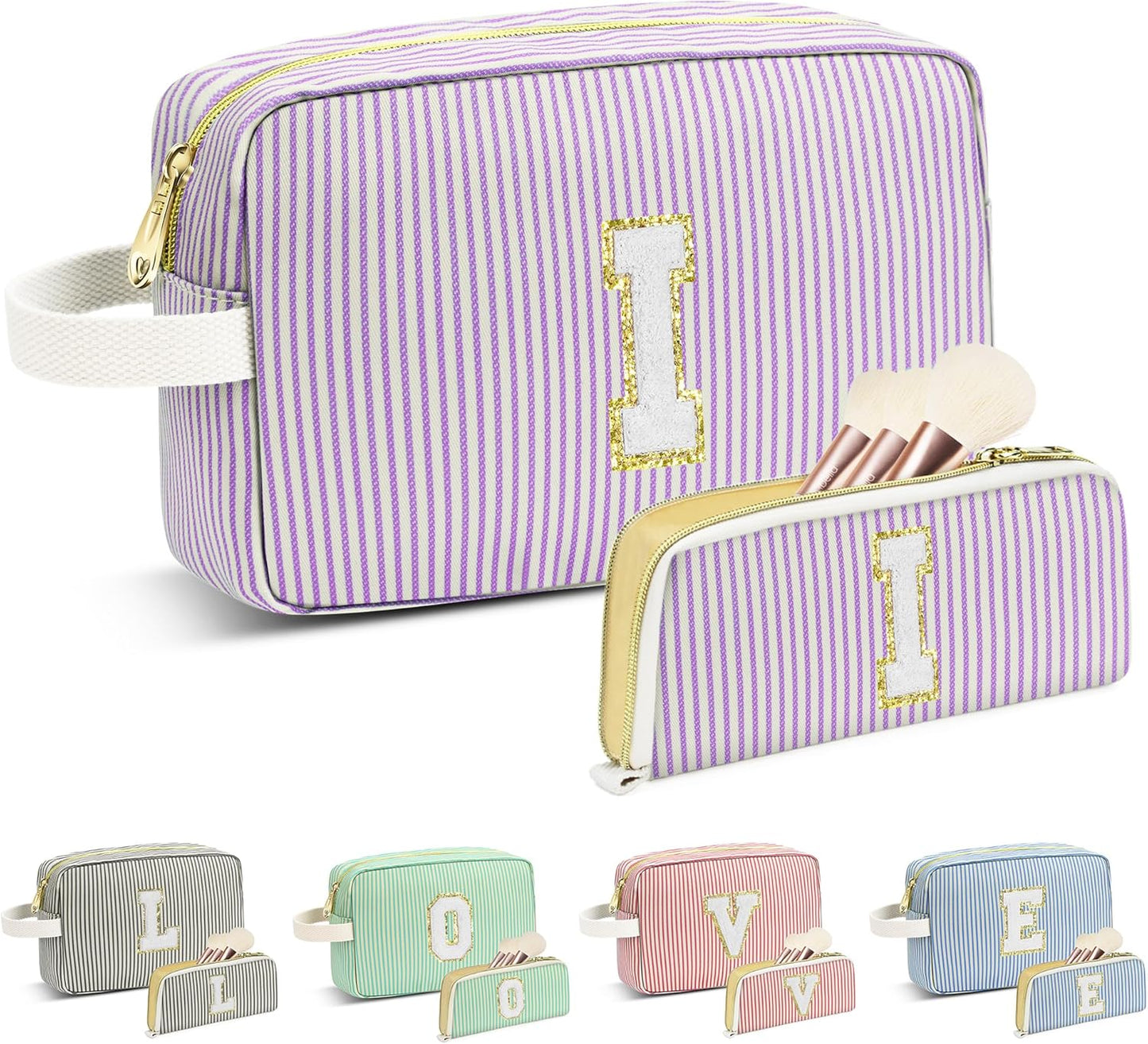 Travel Makeup Bag Christmas Gifts for Women Girl Teens, Personalized Initial Makeup Bag for Cute Teen Girls, Preppy Stuff Toiletry Bag Cosmetic Bag, Teen Girls Gift Trendy Stuff, Letter I