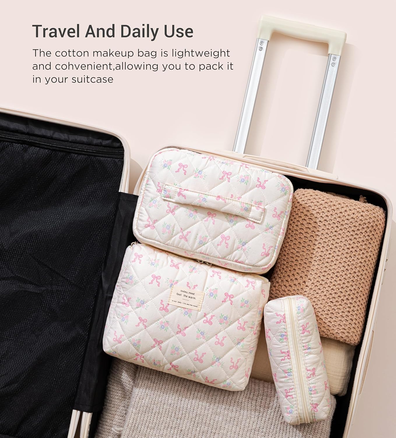 HBselect Quilted Makeup Bag, 3PCS Cotton Large Travel Makeup Bag, Cute Floral Coquette Make up Bag Cosmetic Bag Toiletry Bag for Women Girls